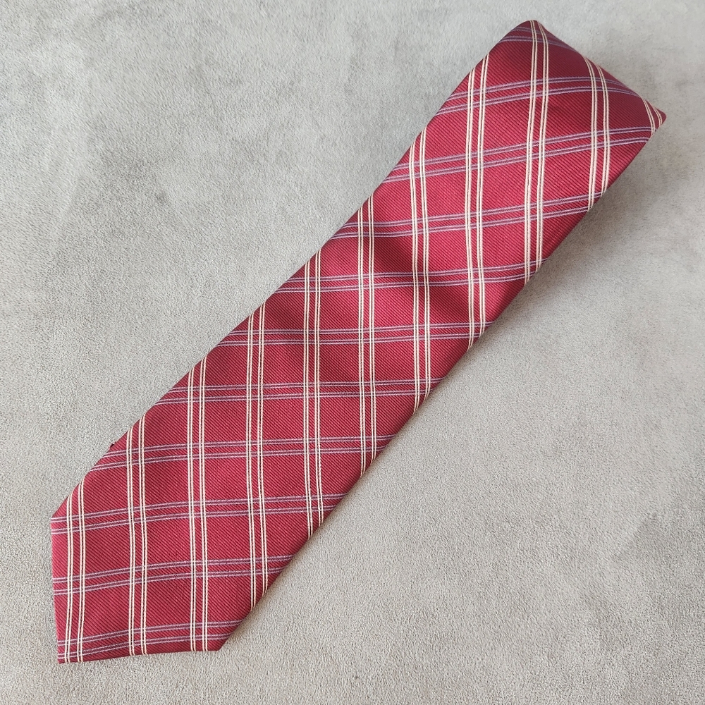 Brooks Brothers necktie men's red 100% italian silk stripe check preppy Made USA